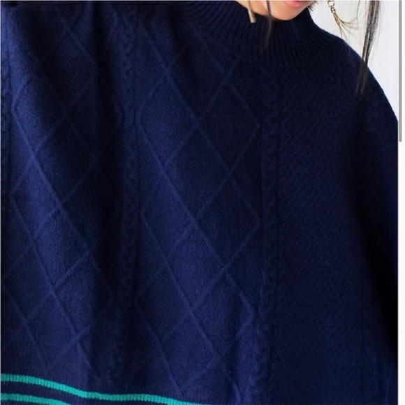 New Free People Harbour Stripe Cable Poncho Navy One Size Cape Sweater - Picture 4 of 7